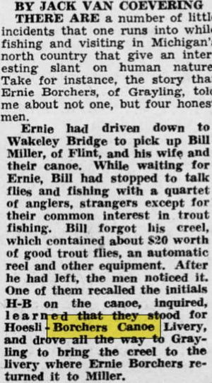 Borchers AuSable Canoe & Kayak - Jun 22 1943 Article (newer photo)